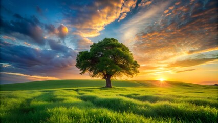 A solitary tree stands majestically in a lush green field under a dramatic, colorful sunset sky, capturing the serene beauty of nature