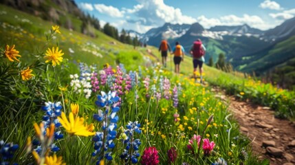 Fototapeta premium A group of people are walking through a field of wildflowers
