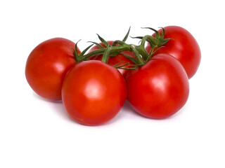 Five fresh tomatoes on a branch isolated on white background, clipping path