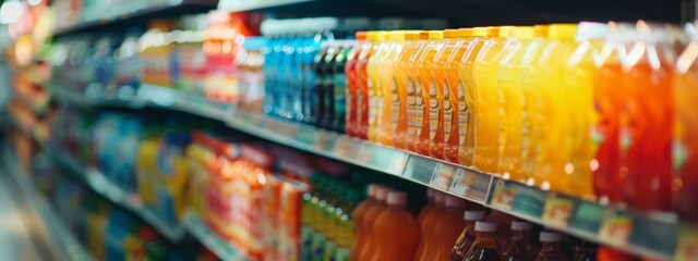 Obraz premium Supermarket shelves stocked with colorful juice bottles