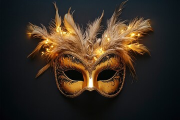 A gold and black carnival mask with gold beige feathers and light effects on a black background with generative ai
