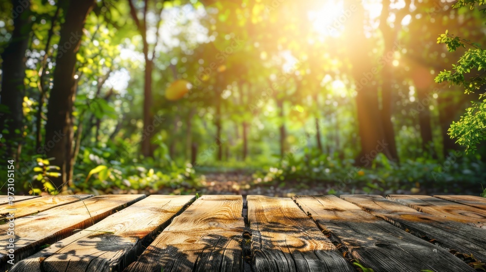 Poster a wooden table with a view of a forest