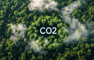 Aerial view of dense green forest with CO2 written in the center, highlighting carbon emissions and environmental impact