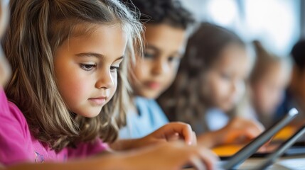 Engaged Students Using Educational Apps on Tablets in Modern Classroom Environment