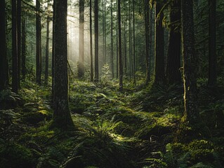 Fototapeta premium A dense forest with sunlight filtering through the tall trees, casting dappled shadows on the forest floor covered in ferns and moss