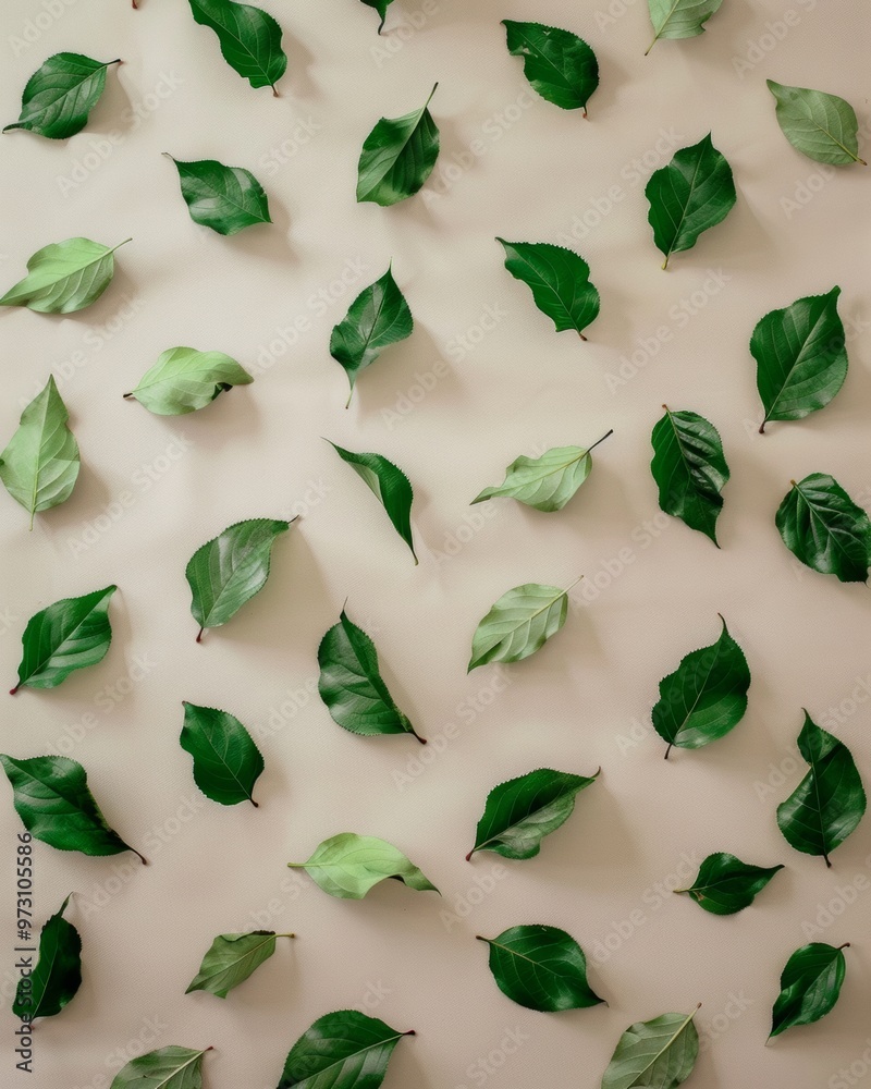 Poster repetitive green leaf pattern on soft beige background - bright, organic, simple, and clean composit