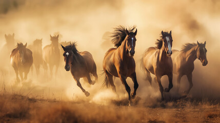 A herd of horses running through a dry prairie with a dust storm in the background. Wild horse...