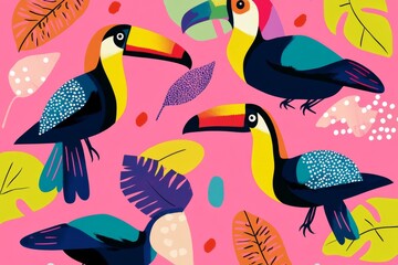Naklejka premium Colorful modern abstract painting of two toucans with vibrant patterns and shapes