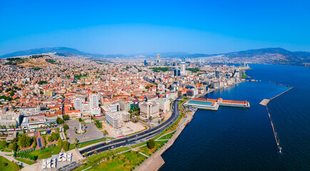 Fototapeta premium Izmir city centre aerial panoramic view in Turkey