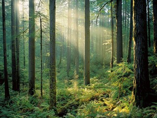 Obraz premium A dense forest with sunlight filtering through the tall trees, casting dappled shadows on the forest floor covered in ferns and moss