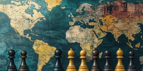 A close-up of chess pieces in front of a vintage world map, symbolizing strategy and global connection.