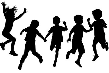 Children Kids Silhouette jump Set. Silhouettes of Kids Engaged in Sports, Hobbies, jump and Play on white background. Vector illustration.