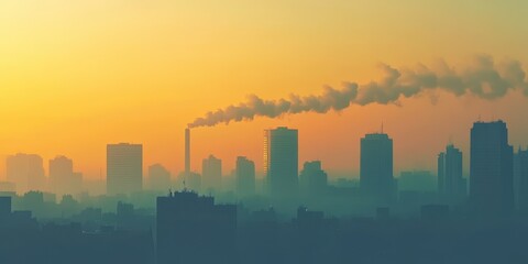 Fototapeta premium A hazy skyline at sunset, featuring buildings silhouetted against a colorful sky and smoke rising from a chimney.