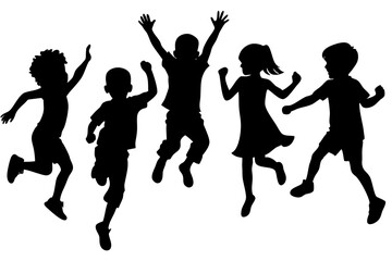 Children Kids Silhouette jump Set. Silhouettes of Kids Engaged in Sports, Hobbies, jump and Play on white background. Vector illustration.