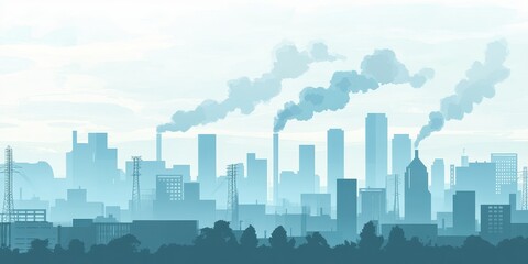 Urban skyline shrouded in smog, depicting pollution and industrialization; a visual representation of environmental impact.