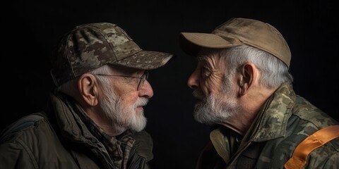 Fototapeta premium Two elderly men in hats sharing a thoughtful moment, showcasing a deep connection and wisdom in their expressions under soft lighting.