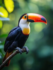 Obraz premium Vibrant Toucan Perched on Branch in Lush Tropical Forest - Exotic Birds and Wildlife in Natural Habitat