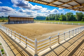 Empty outdoor horse arena in sunny day