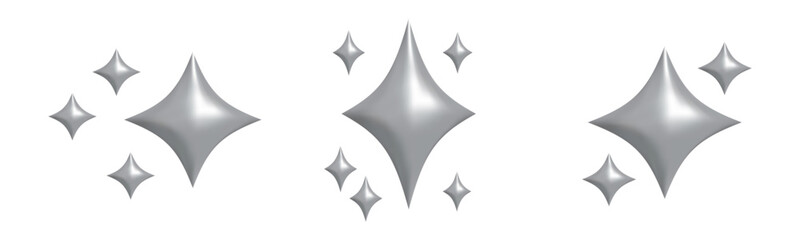 Shining silver stars emoji set.3d style gray metallic star icon,twinkle social media platform symbol on transparent background. Vector illustration EPS 10
