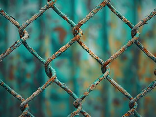 Close-up of a rusty metal fence with a blurred turquoise background.