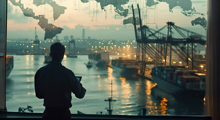 Man Silhouetted Against View of Busy Port with World Map Projection - Powered by Adobe