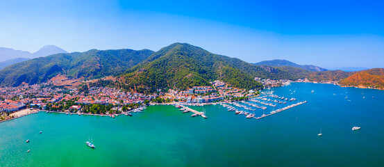 Fototapeta premium Fethiye city and port aerial panoramic view in Turkey