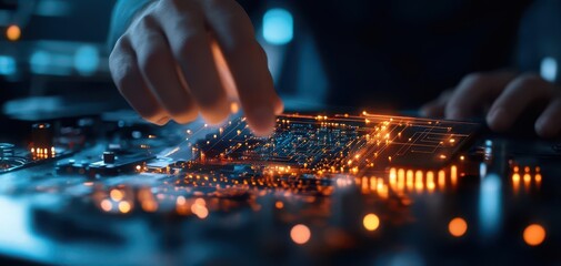 Engineers analyzing a highly detailed 3D model on a holographic display