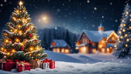 Fototapeta premium Beautifully decorated Christmas tree with blue and gold ornaments in a snowy winter landscape.