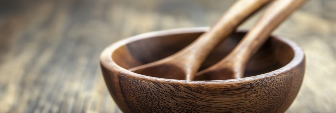 A set of wooden bowl and serving spoons placed on a rustic table, emphasizing the simplicity of natural wood craftsmanship.