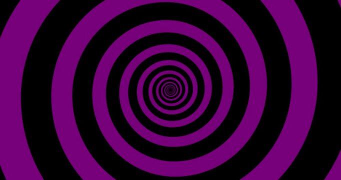 Moving hypnotic spiral. Seamless Psychedelic spiral and slow rotation. Purple and black background.