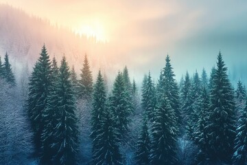 Fototapeta premium A stunning winter landscape during sunset where a dense forest of vibrant green pine trees with generative ai