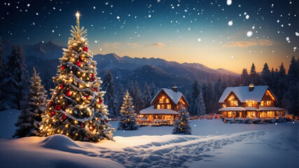 Beautifully decorated Christmas tree with blue and gold ornaments in a snowy winter landscape.