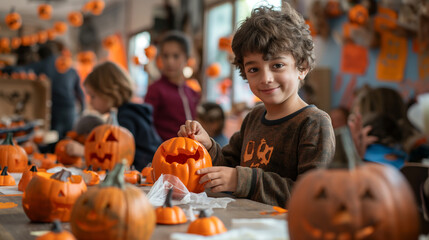 Fototapeta premium Halloween Arts and Crafts Fair, kids and parents creating Halloween-themed crafts at decorated tables in a community center, Halloween, with copy space