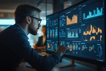 Fototapeta premium Business Analyst Reviewing Financial Data on Monitors