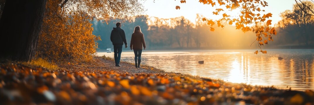 A couple enjoys a romantic walk along a serene lake, surrounded by the vibrant colors of autumn foliage and evening light.