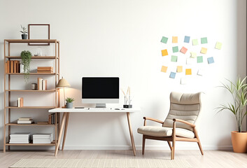 a study at home with colorful stickers on a white wall , minimalism