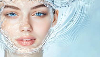 Close-up of a serene woman's face partially submerged in water, showcasing clear skin and captivating blue eyes.