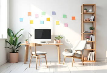 a study at home with colorful stickers on a white wall , minimalism