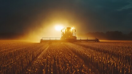 Fototapeta premium Evening shot of farmers working under large lights, demonstrating the non-stop nature of agricultural industries.