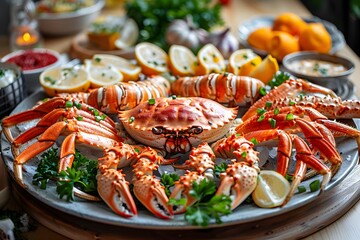 Close-up of delicious seafood platter with various crustaceans.