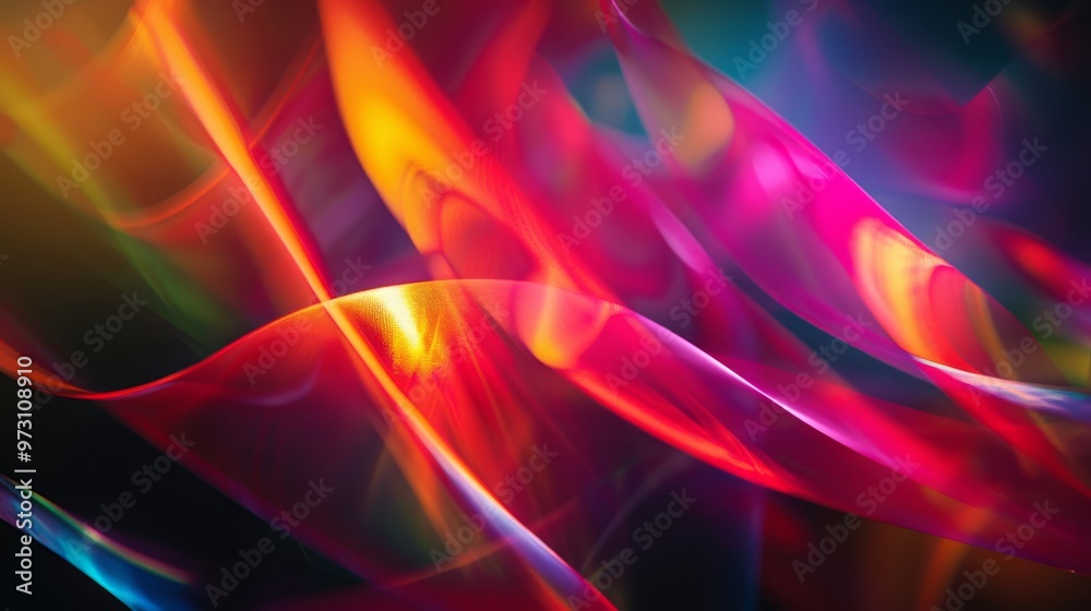 Fototapete Bright, colorful light patterns weave through a dark space, resulting in a striking, fluid design that highlights a spectrum of vibrant tones. Close-up photo with clean background