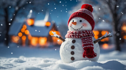 Fototapeta premium A cheerful snowman with red scarf and hat in a snowy landscape during a beautiful winter sunset.