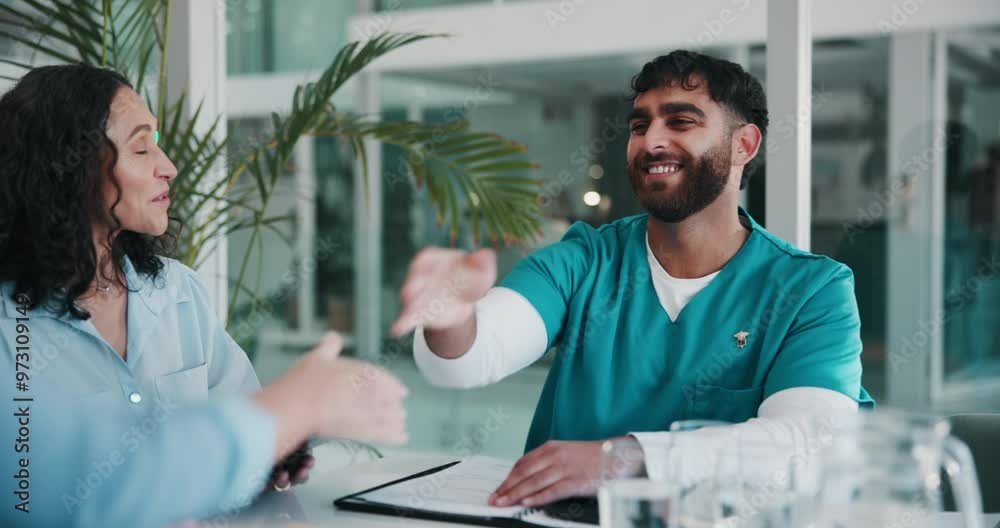 Poster Nurse, handshake and meeting for deal, discussion and business with partnership and onboarding. Hospital office, workers or employees with teamwork, collaboration and support for medical internship