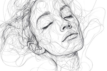Fototapeta premium Abstract line art depicting a human face with flowing hair, blending surrealism and artistic expression in intricate black and white