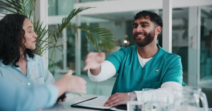 Nurse, handshake and meeting for deal, discussion and business with partnership and onboarding. Hospital office, workers or employees with teamwork, collaboration and support for medical internship