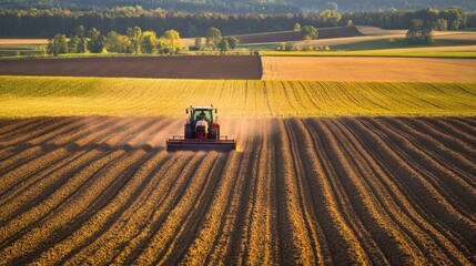 Modern farming equipment plowing a large field, with farmers supervising the process.