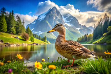 Fototapeta premium Duck by a Mountain Lake with Yellow Flowers