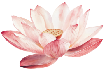 Beautiful watercolor illustration of a pink lotus flower in full bloom, showcasing delicate petals and serene elegance. Ideal for nature designs.