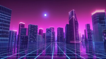 Fototapeta premium Neon Cityscape in a Retrofuturistic World