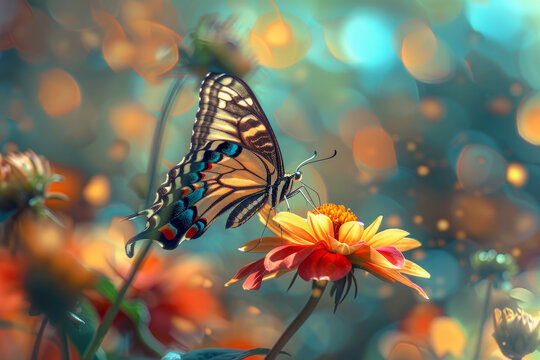 A butterfly is resting on a yellow flower